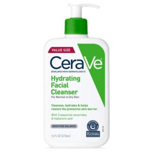 cerave hydrating facial cleanser, moisturizing face wash for dry skin, hyaluronic acid + ceramides + glycerin, hydrating cleanser for normal to dry skin, national eczema association certified