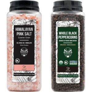 himalayan pink salt coarse 39 oz + organic black peppercorns 18 oz